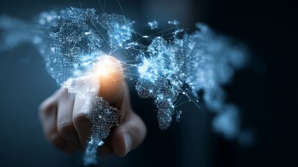 Global network connection with hand touching digital world map, technology concept