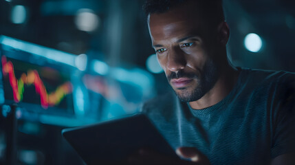 African American man analyzing financial data on tablet in dark office with glowing screens