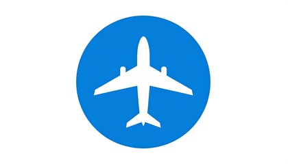 A simple, clean graphic of a white airplane silhouette set against a solid blue circle.