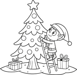 Line art drawing of santa claus with a gift and christmas text on a white background