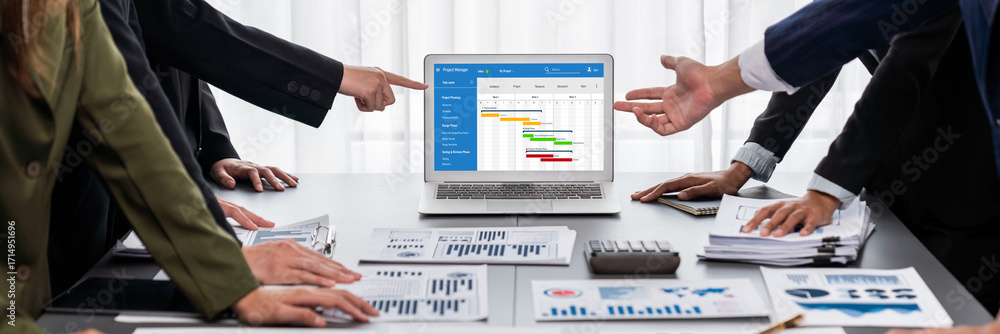 Poster panorama shot analyst team utilizing bi fintech to analyze financial report with laptop. businesspeo