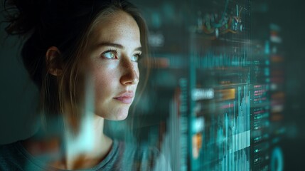 Focused woman analyzing complex data streams and financial charts on futuristic digital interface