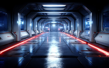 Futuristic spaceship corridor with glowing red lights and metallic surfaces
