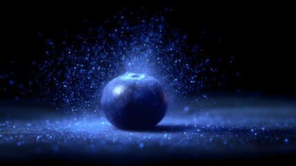 Blueberry Blast: A single, vibrant blueberry is caught mid-explosion of a burst of vivid blue, set against a dark, alluring background that enhances its dramatic appeal.