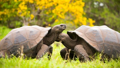 Fototapeta premium Two giant tortoises interacting in a grassy field
