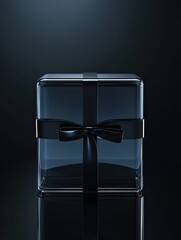 Elegant black gift box with a satin ribbon on a dark reflective surface showcasing a sense of luxury and mystery during evening light