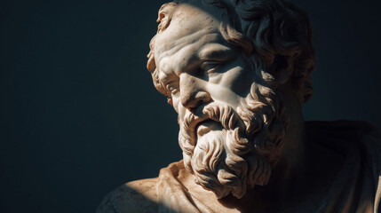 A close-up of a marble bust of Socrates with dramatic lighting