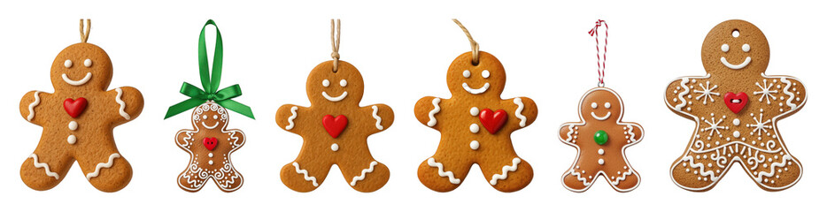 Fototapeta premium Gingerbread man cookie set including varied sizes, icing, and hanging loops isolated. Festive Christmas holiday decorations.