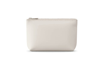A plain beige cosmetic bag with a zipper is centered on a white background