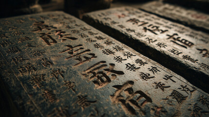 A close-up of carved stone tablets with ancient philosophical quotes