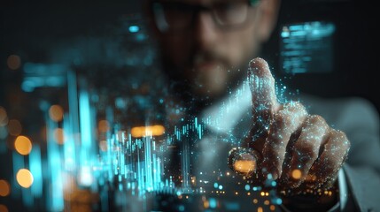 Man interacting with futuristic digital interface, exploring complex data networks and glowing analytics charts