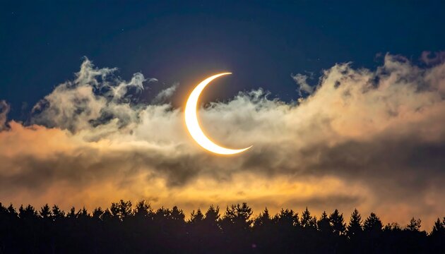 A crescent moon, bathed in golden sunlight, pierces a sky filled with dramatic clouds during a partial solar eclipse, casting silhouettes of trees below.