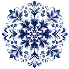 Gzhel Style Snowflake Set – Blue and White Floral Ice Crystal Ornaments on White Background