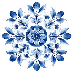 Gzhel Style Snowflake Set – Blue and White Floral Ice Crystal Ornaments on White Background