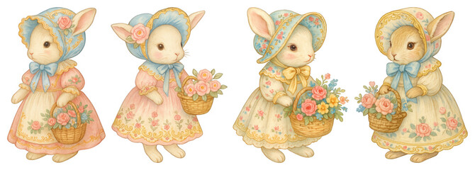 Obraz premium PNG Vintage bunnies in floral dresses, element set on transparent background