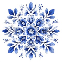 Gzhel Style Snowflake Set – Blue and White Floral Ice Crystal Ornaments on White Background