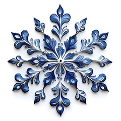 Gzhel Style Snowflake Set – Blue and White Floral Ice Crystal Ornaments on White Background