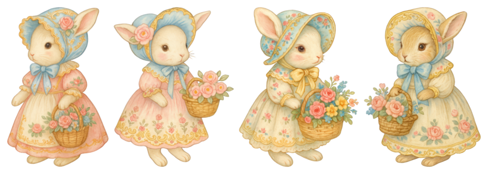 PNG Vintage bunnies in floral dresses, element set on transparent background
