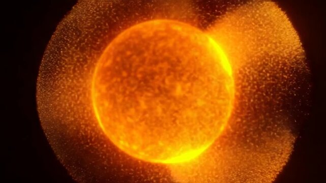 Orange glowing particle sphere with dynamic fluid motion on a dark background