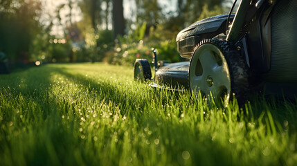 Lawn mower cutting fresh green grass in a vibrant garden during sunny afternoon light