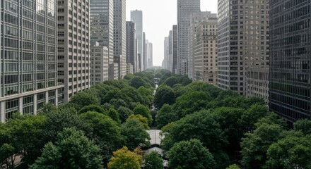 Obraz premium Urban Oasis Green Park Canyon Amidst Towering Skyscrapers.