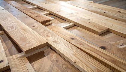Wood planks arranged for flooring installation