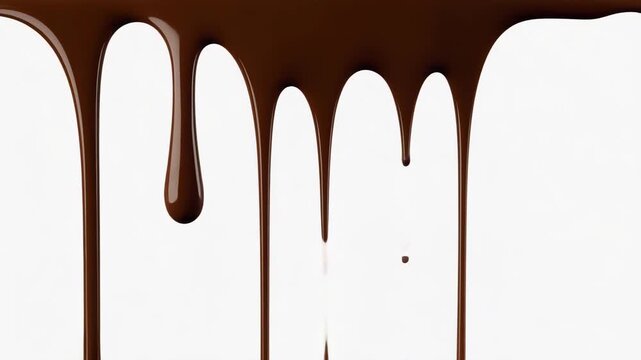 Melted chocolate dripping down on white screen background in slow motion