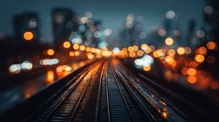 Night city train tracks, bokeh lights