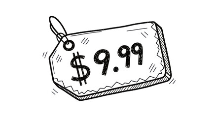 Hand-drawn sketch illustration of a rectangular price tag showing the price of 999.