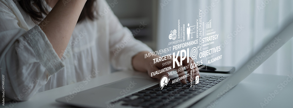 Poster a business professional engages in key performance indicator analysis on a laptop, showcasing data v