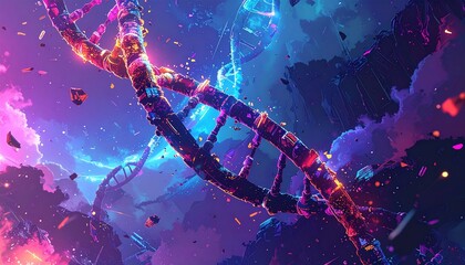 Cyber DNA helix strands vector with glitch fragments