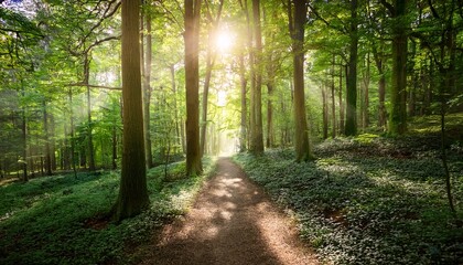 Obraz premium Sunlight Streams Through A Verdant Forest Pathway