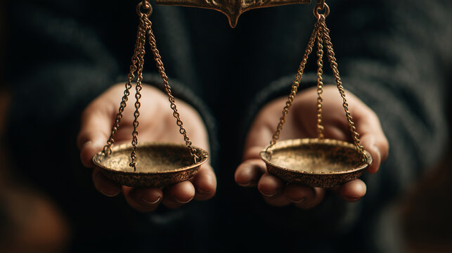 A close-up of hands balancing scales symbolizing justice and philosophy