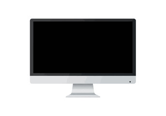 Computer with black screen gray stand and circular power button centered