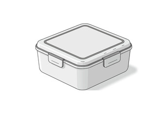 Gray  white square plastic food container with locking latches rendered in a cartoonlike style with drop shadow