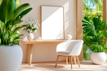 Fototapeta premium Clean and Simple Home Office Interior with a Blank Poster Mockup