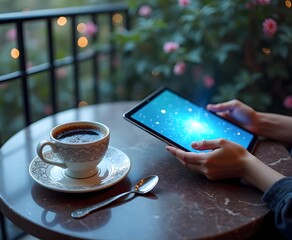 Relaxing morning with coffee and digital tablet browsing on the balcony at home in tranquility and peace