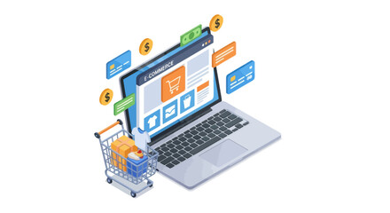 Isometric Online Shopping Concept with Laptop Shopping Cart and Payment.