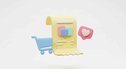 Pastel-Colored Receipt with Shopping Cart and Social Media Icons.