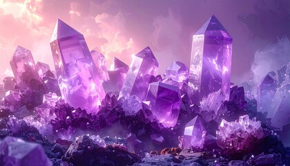Amethyst Crystal Formation with Purple Glow and Dreamy Sky Background