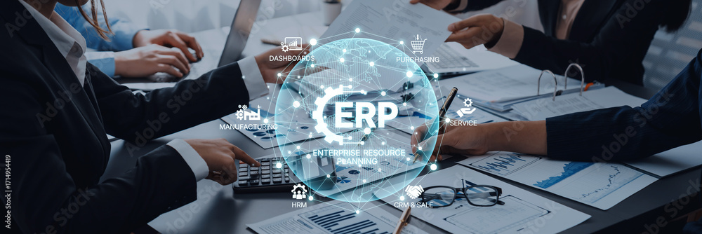 Poster a professional team collaborates on enterprise resource planning by analyzing financial data and dis