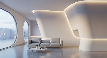 Modern minimalist interior design with organic flowing architecture and comfortable seating area