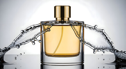 Luxurious perfume bottle with water splash on white background creating captivating beauty and