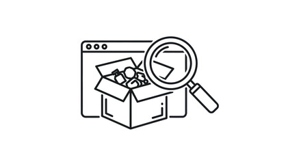 Vector line art icon of a magnifying glass inspecting an open package in a browser window.