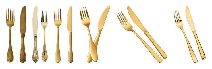 Gold cutlery set including modern, antique, and ornate fork and knife designs isolated. Elegant dining and kitchenware collection.