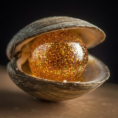 Sparkling glitter orb inside open clam shell.