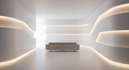 Modern minimalist reception area with flowing luminous architectural curves and a sleek sofa