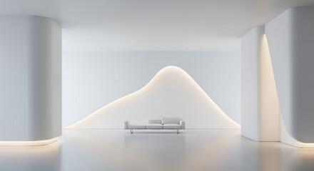 Minimalist modern interior design with a sculptural white reception desk and soft ambient lighting
