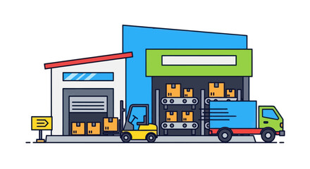 Cartoon illustration of a warehouse logistics center with a forklift loading a delivery truck with boxes.