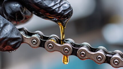Gloved hand applies golden lubricant to bicycle chain for smooth, efficient performance